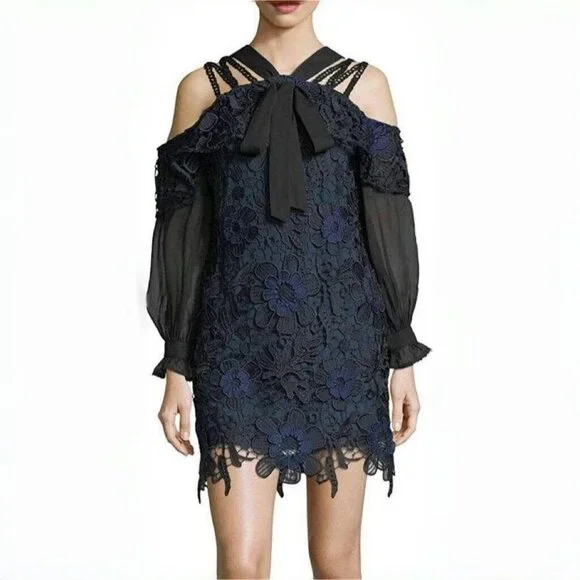 NWT Self Portrait Navy 3D Cold Shoulder Floral Guipure LACE Mini Dress Sz 8 - Picture 1 of 14